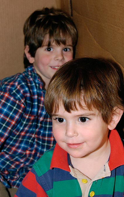 Eytan and Noah playing, tipping in a box; Newton, MA