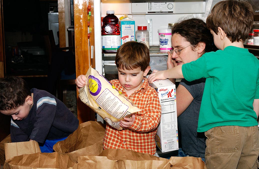 Benji, Noah and Eytan help Beth unpack after shopping; Williamstown, MA