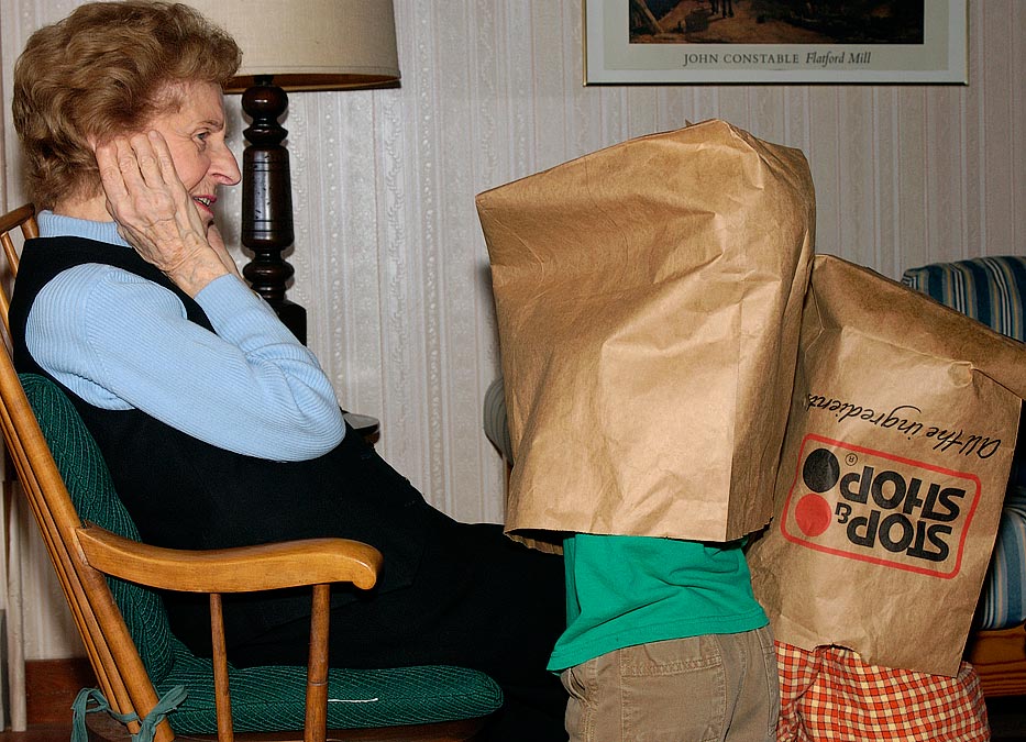Grandma Emma and paper bag monsters Eytan and Noah; Williamstown, MA