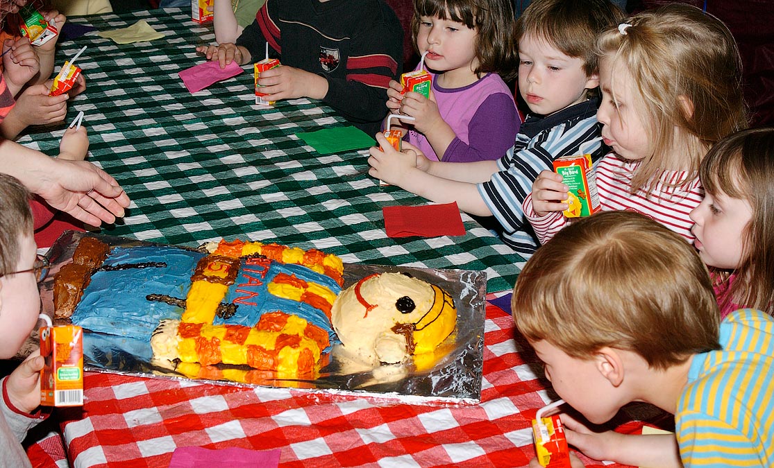 Bob the Builder birthday cake and admirers.