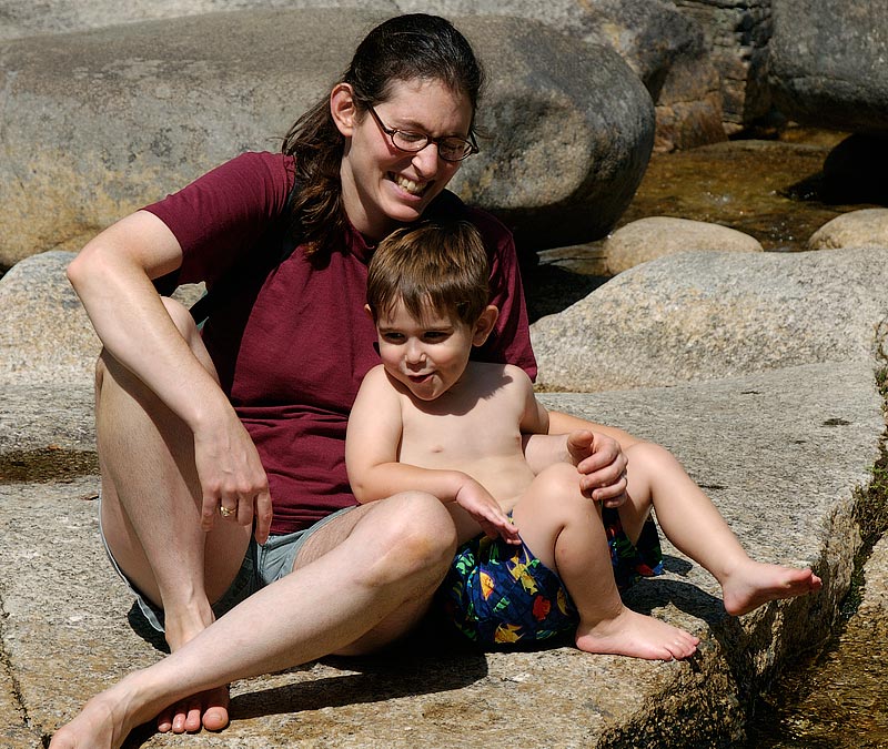Anne and Noah, dipping his toe in the cold water; Diana\'s Bath, near Conway, NH