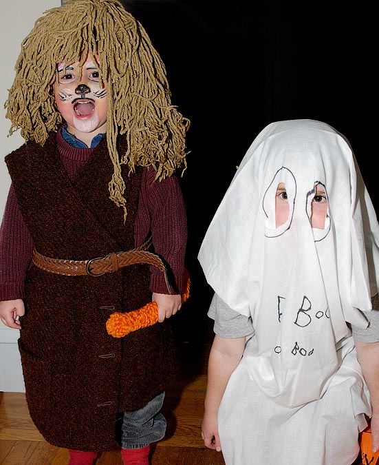 Noah the lion and Eytan the ghost; Halloween costumes