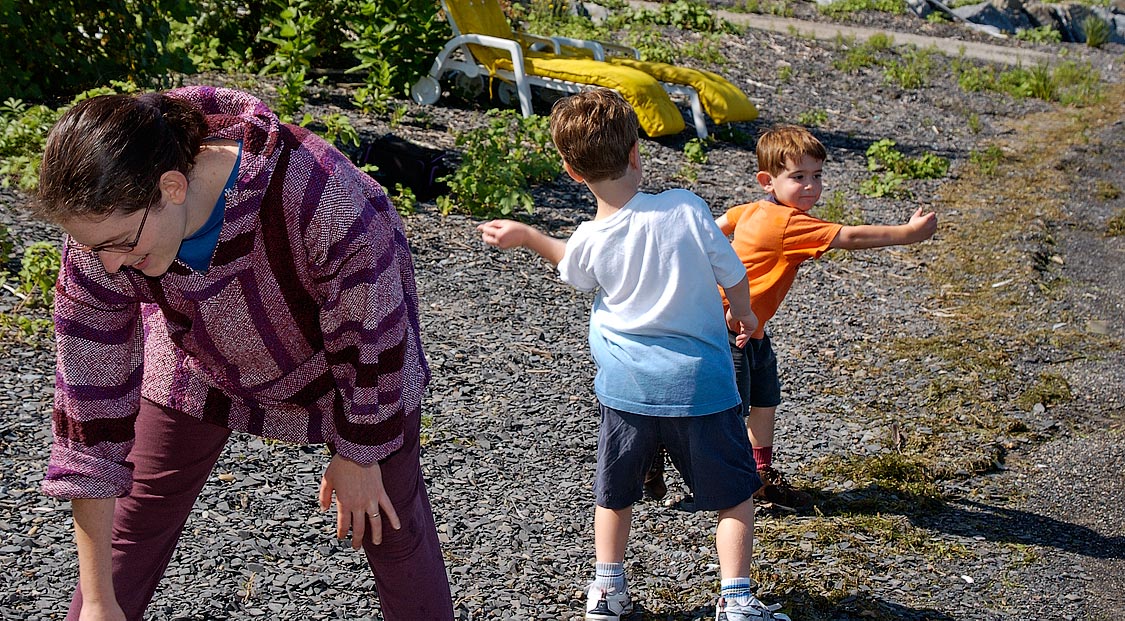Anne, Eytan and Noah skipping stones in Lake Champlain, Addison, VT