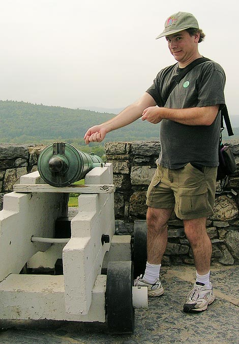 Michael pretending to fire a cannon.; Fort Ticonderoga, NY; Photo by Eytan