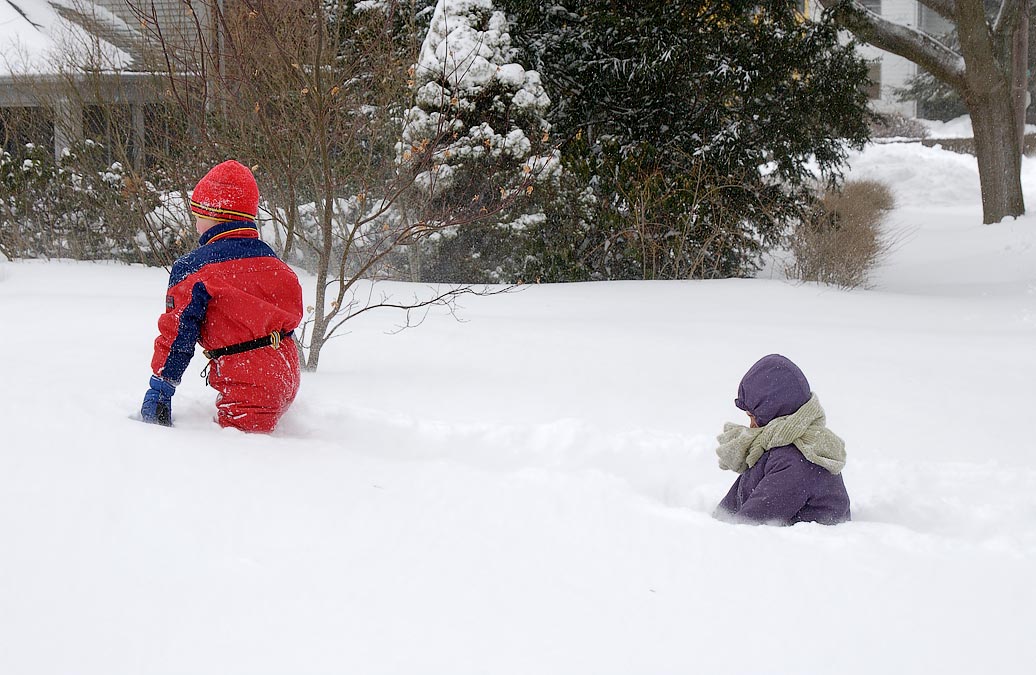Blizzard; Eytan and Noah, snow blowing around; Newton, MA