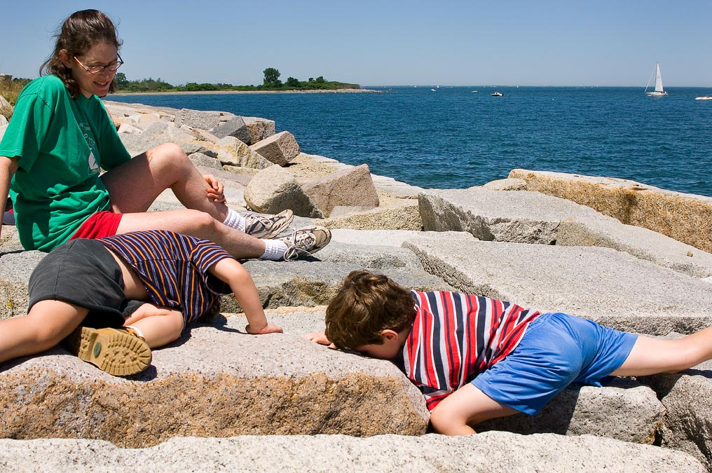 Looking for interesting shells.  Anne, Noah and Eytan.; Boston Harbor; MA; USA