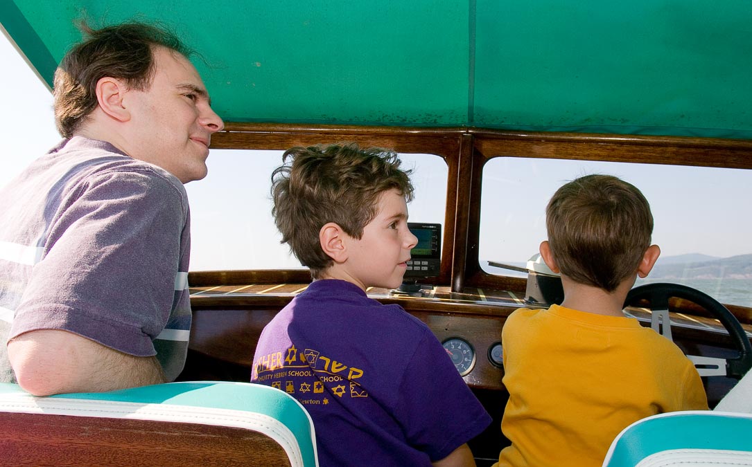 Michael, Eytan and Noah -- Pete and Daphne\'s motor boat; Addison; VT; US