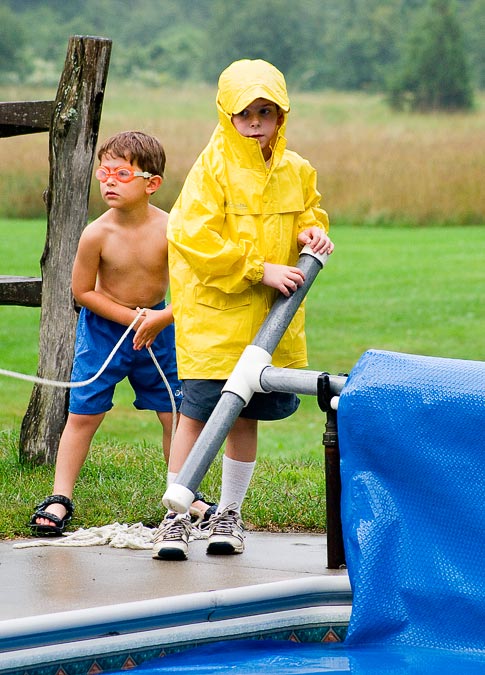 Noah and Eytan -- Preparing to swim in the rain (abandoned when thunder started); West Dover; VT; US