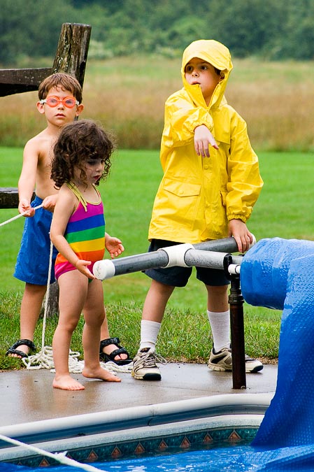 Noah, Shayna and Eytan -- Preparing to swim in the rain (abandoned when thunder started); West Dover; VT; US