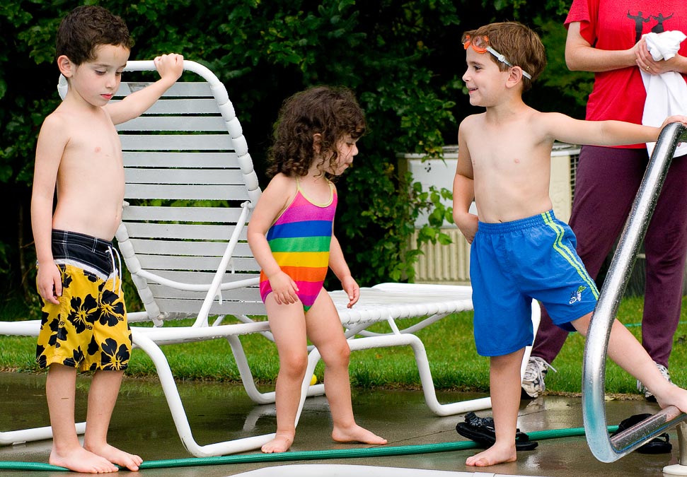 Benji, Shayna and Noah -- Preparing to swim in the rain (abandoned when thunder started); West Dover; VT; US