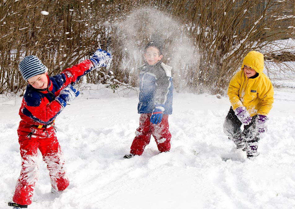Snowball fight:  Eytan, Benji and Noah.; Williamstown; MA; USA
