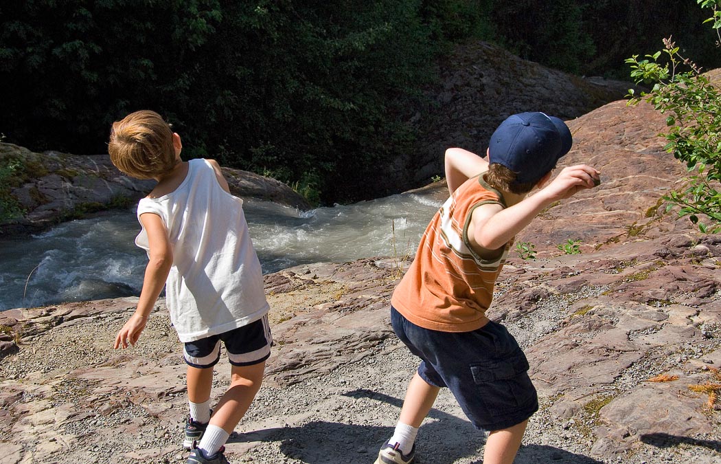 L-R: Noah and Eytan throwing rocks; Lava Canyon, Mt. Saint Helens; WA; US
