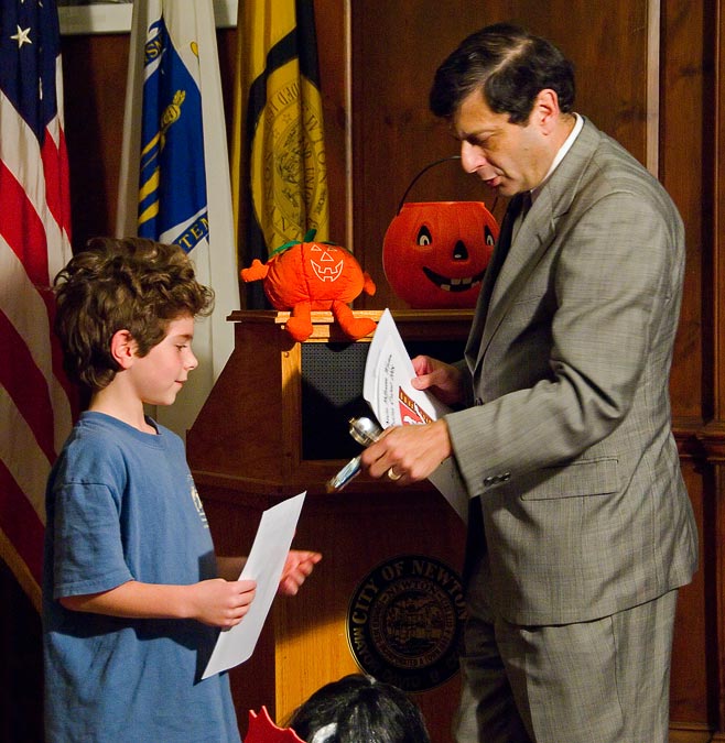 Award ceremony in Mayor Cohen\'s office.  Eytan won 2nd place for 3rd grade.; Newton; MA; US