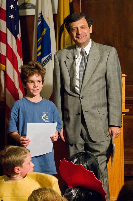 Award ceremony in Mayor Cohen\'s office.  Eytan won 2nd place for 3rd grade.; Newton; MA; US