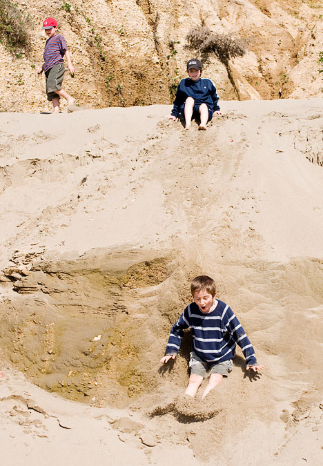 Noah, Eytan and Luke sliding down sand dunes; Point Reyes; CA; US