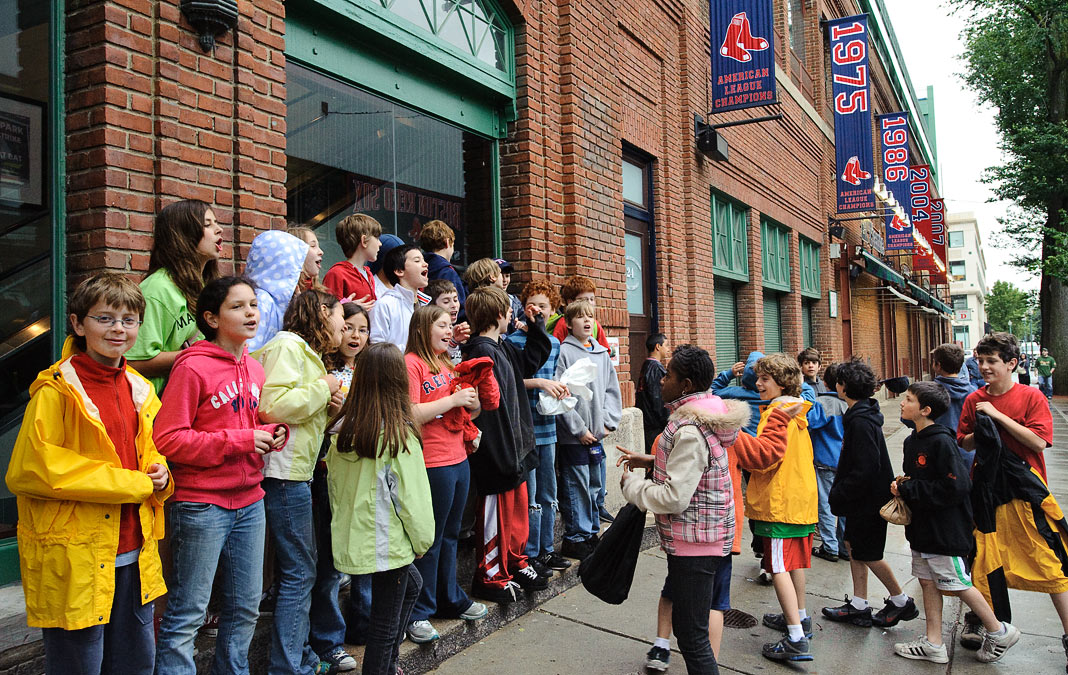 Mason-Rice 5th Grade class trip to Fenway Park; Singing the class musical while waiting for the tour; Fenway Park; Boston; MA; US