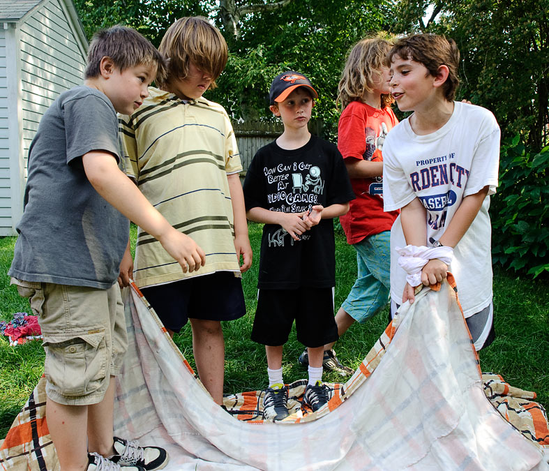 Noah\'s Birthday Party; Eli, Matt, Adam, Ethan and Noah inverting a blanket while standing on it; Newton; MA; US