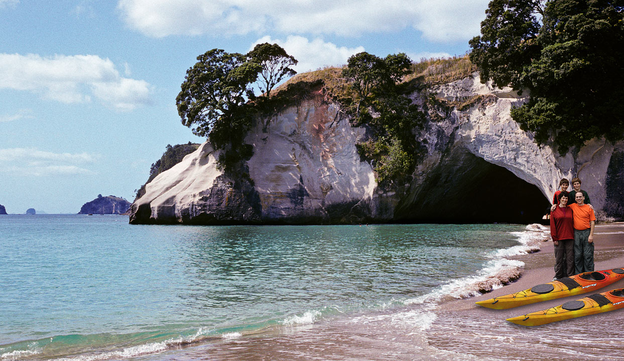 1992 Cathedral Cove + Ohakune carrot pose + borrowed sea kayak picture; Michael, Anne, Eytan and Noah; Hahei; North Island; New Zealand