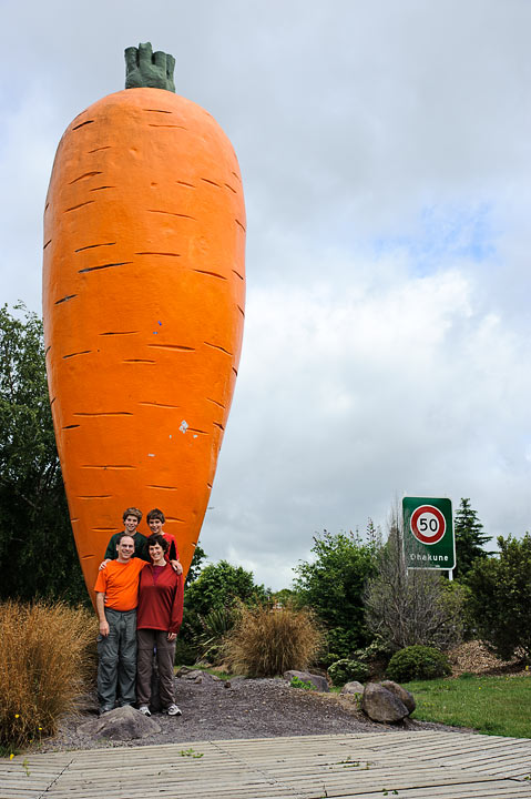 Giant carrot; Michael, Anne, Eytan and Noah; Ohakuhe; North Island; New Zealand