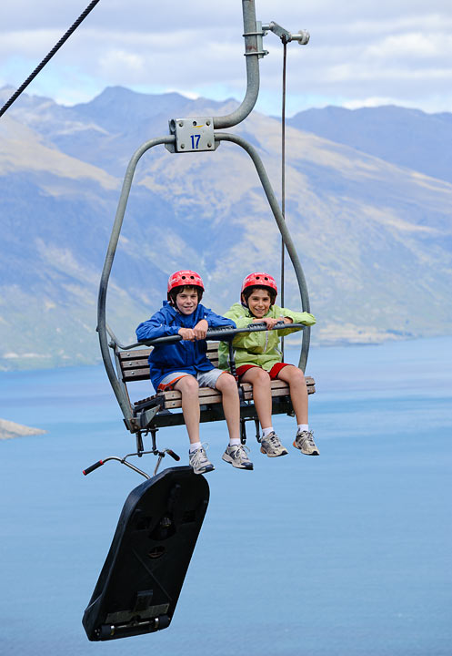 Luge; Eytan and Noah on the chairlift; Ben Lomond Scenic Reserve; Queenstown; South Island; New Zealand