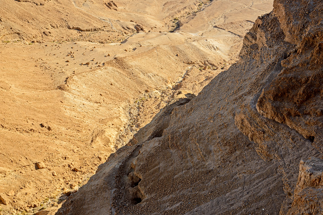 Cisterns on Masada\'s western slope with water channels running to them; Masada; MA; Israel