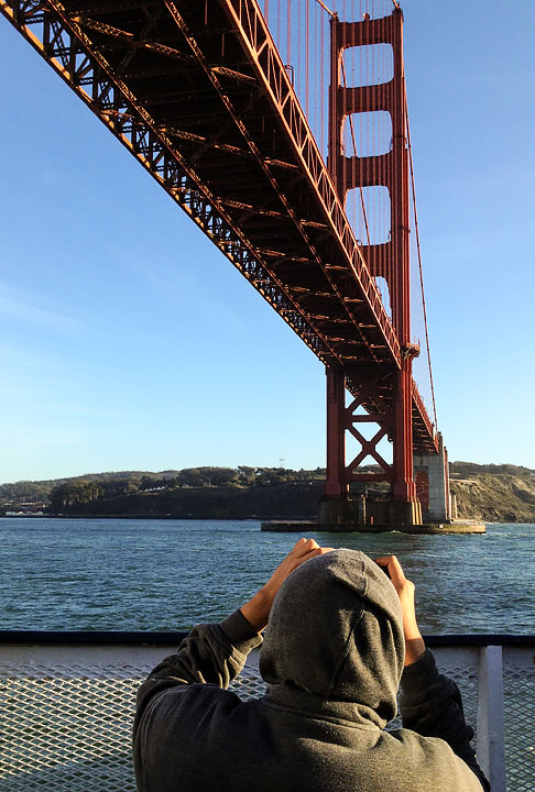 Blue and Gold Cruise under Golden Gate Bridge; Eytan taking photo; San Francisco; CA; USA